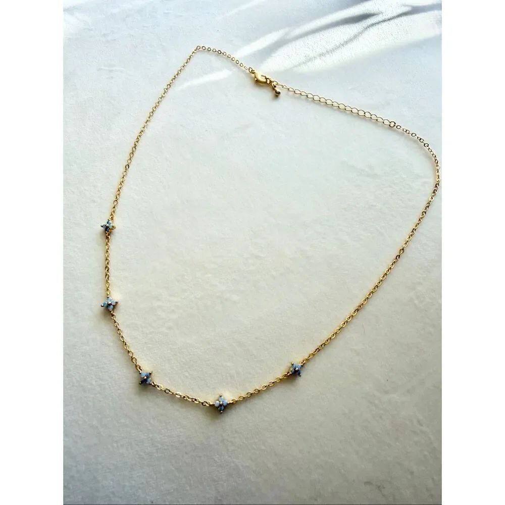 Gold Light Blue Flower Dainty Station Necklace Minimalist Floral